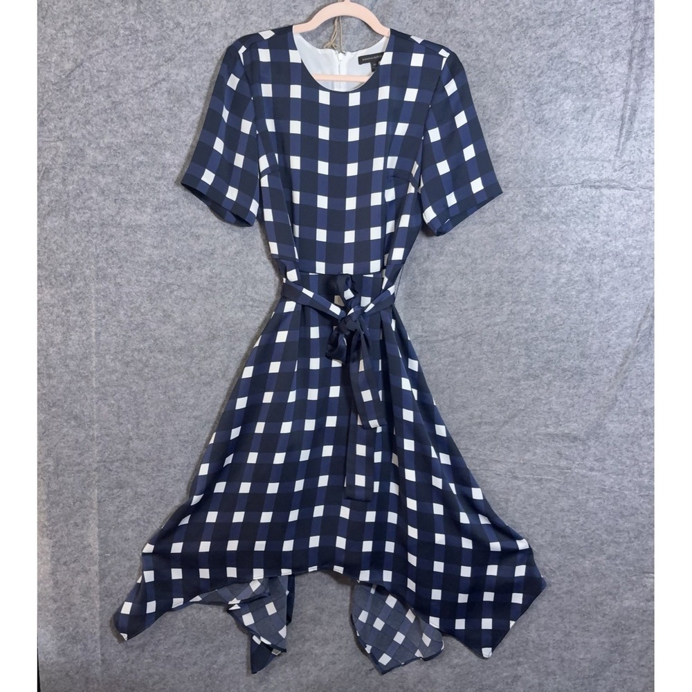 Banana Republic Dress Womens 10 Navy Plaid Lined‎ Belted Handkerchief Hem